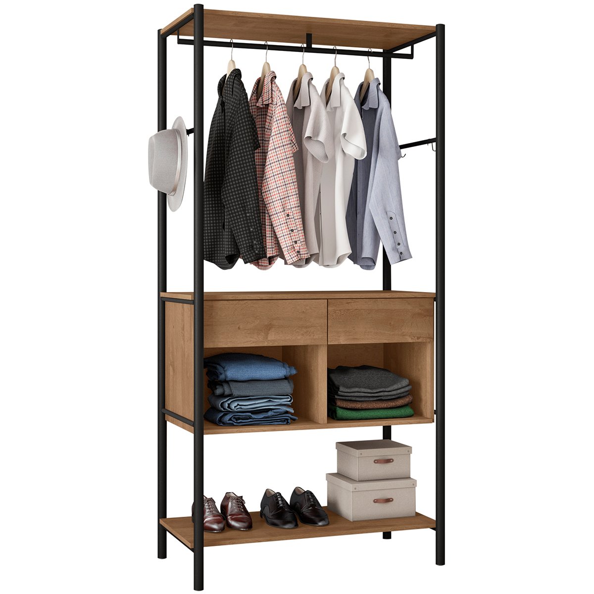 Guarda-Roupa Cabideiro 2 Gavetas Nichos Prateleiras Aço Carbono MDF BP Pérsia Preto / Demolição