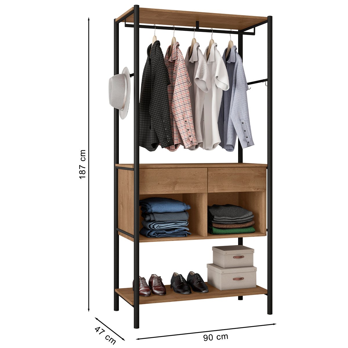 Guarda-Roupa Cabideiro 2 Gavetas Nichos Prateleiras Aço Carbono MDF BP Pérsia Preto / Demolição