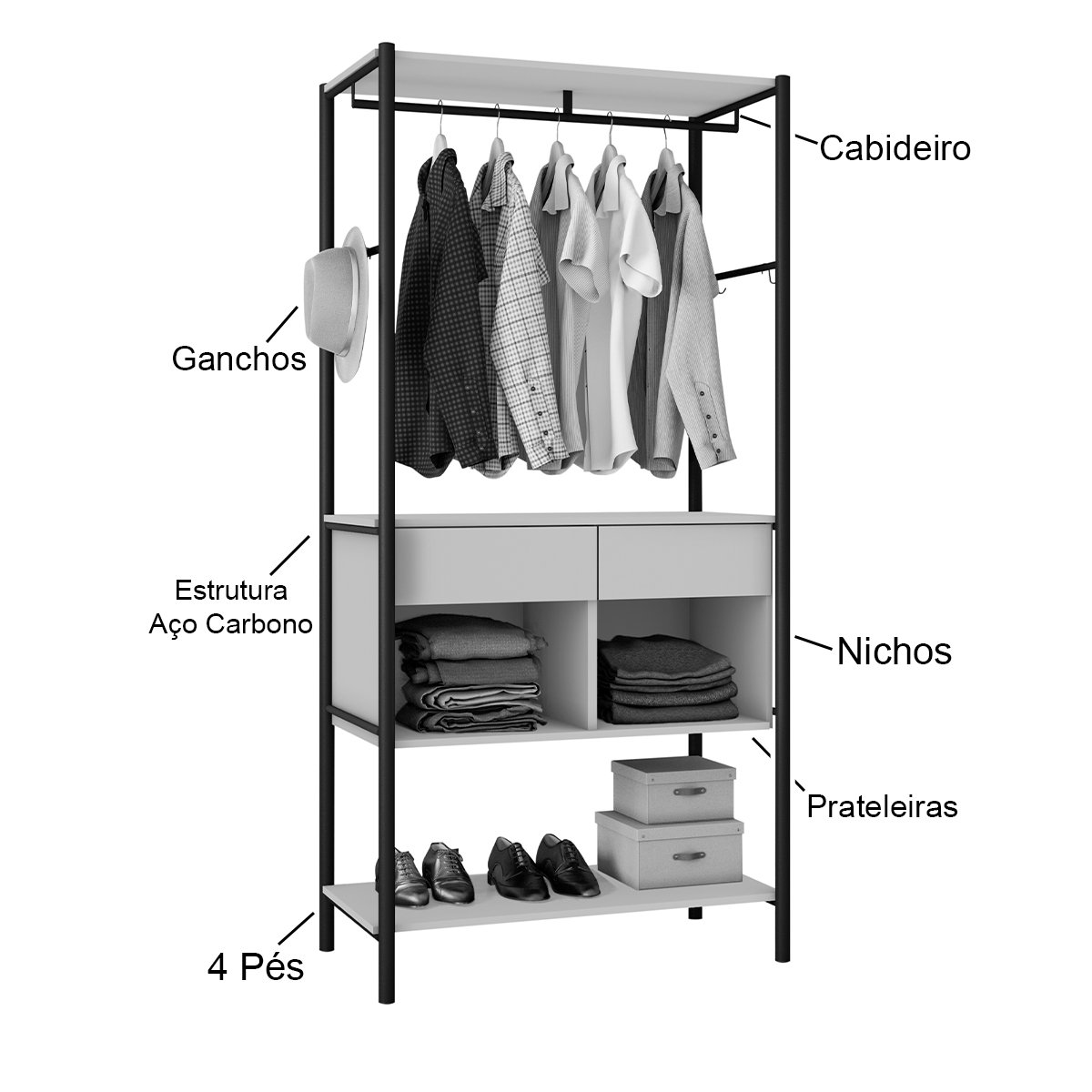 Guarda-Roupa Cabideiro 2 Gavetas Nichos Prateleiras Aço Carbono MDF BP Pérsia Preto / Demolição