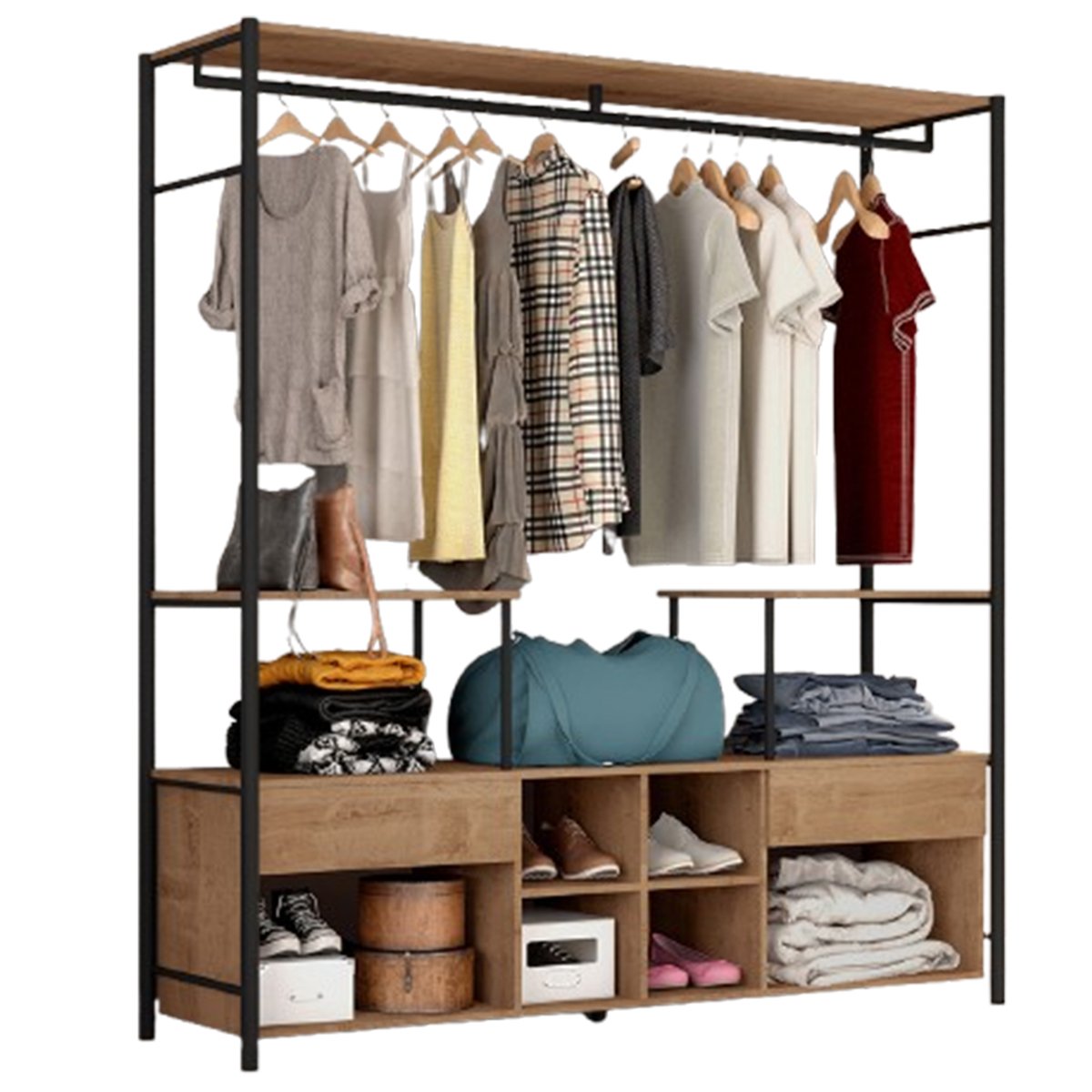 Guarda-Roupa Casal Gavetas Prateleiras Nichos Cabideiro Aço e MDF BP Bianca Preto / Demolição