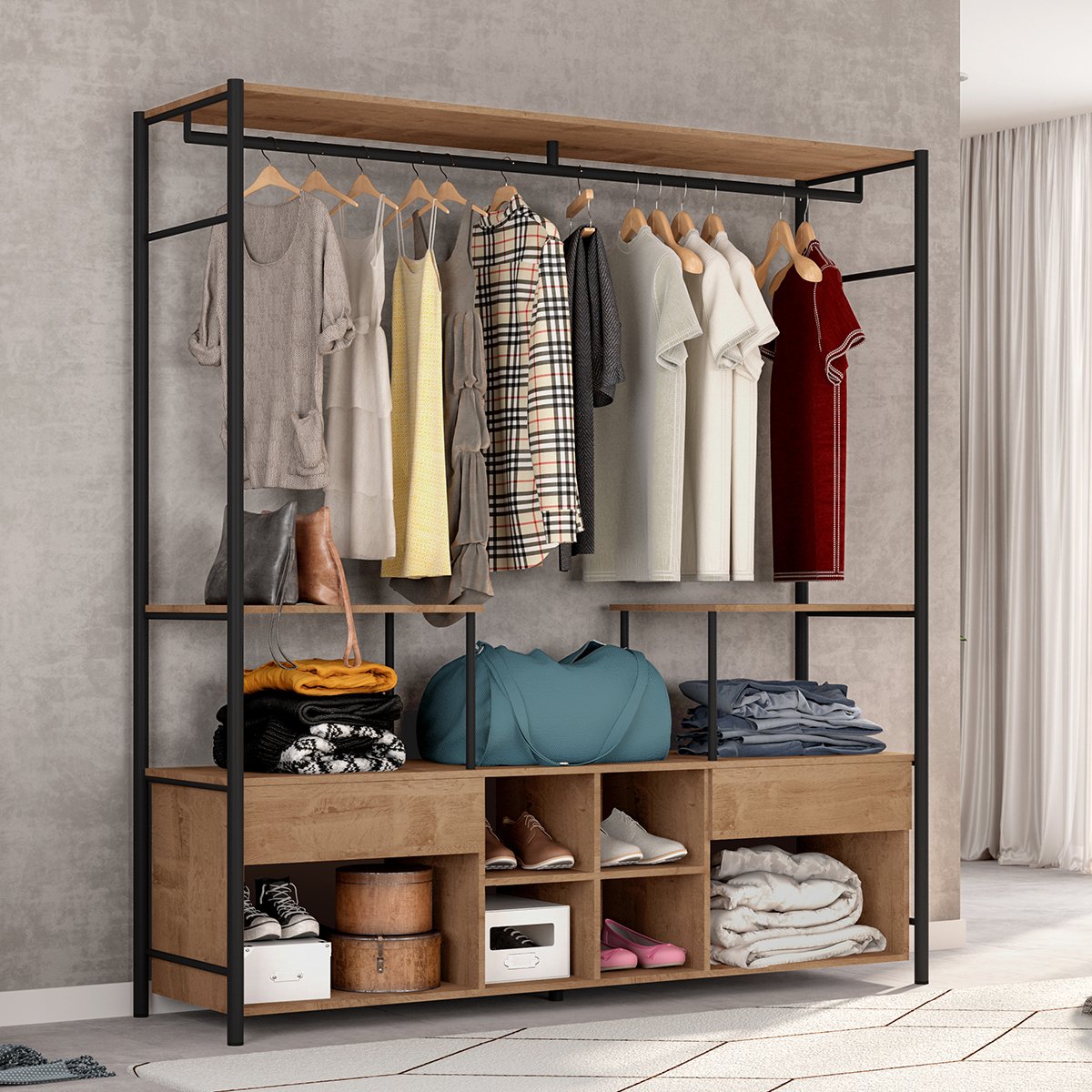 Guarda-Roupa Casal Gavetas Prateleiras Nichos Cabideiro Aço e MDF BP Bianca Preto / Demolição