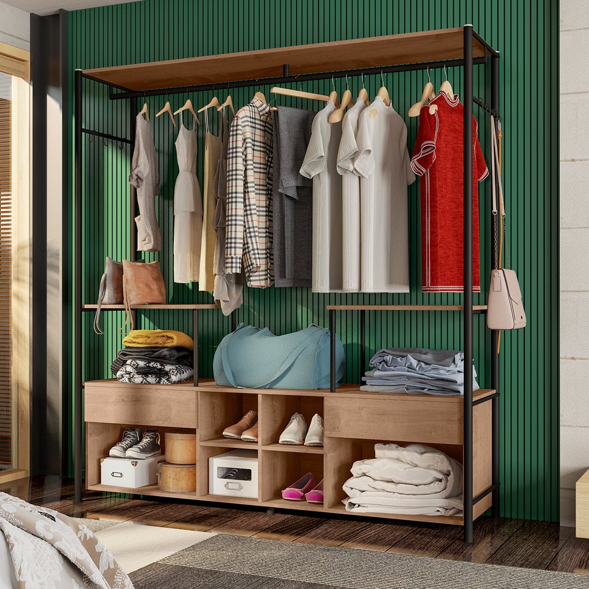 Guarda-Roupa Casal Gavetas Prateleiras Nichos Cabideiro Aço e MDF BP Bianca Preto / Demolição