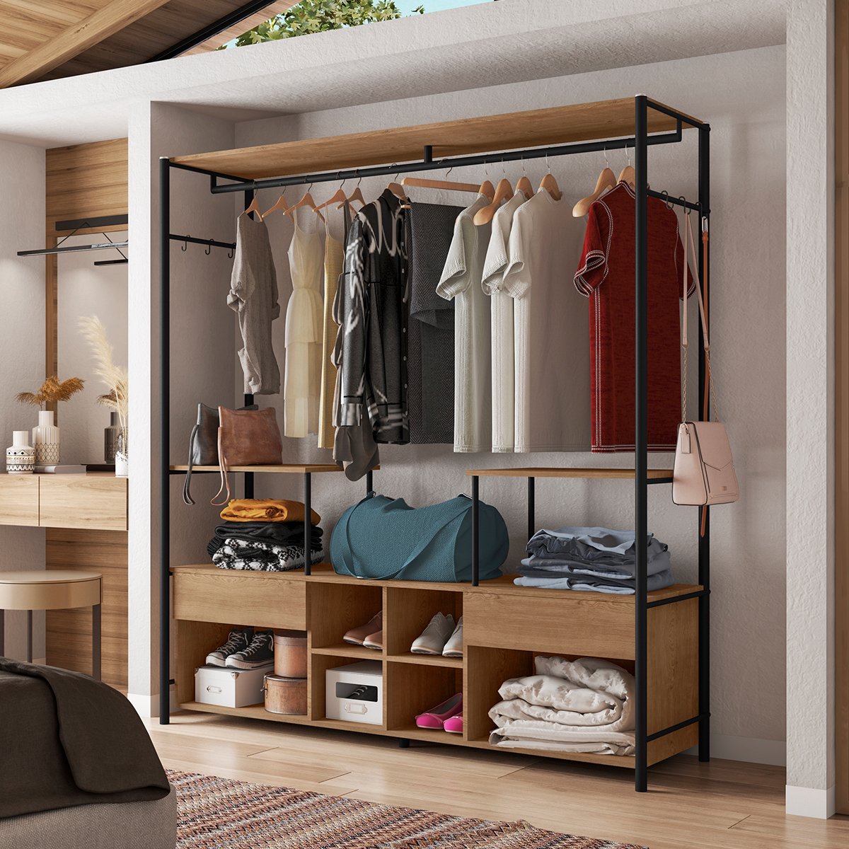 Guarda-Roupa Casal Gavetas Prateleiras Nichos Cabideiro Aço e MDF BP Bianca Preto / Demolição
