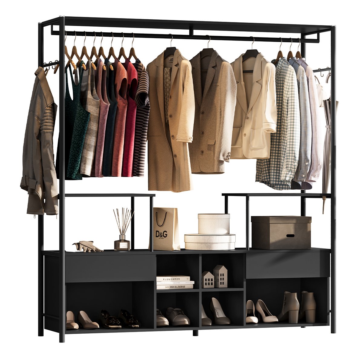Guarda-Roupa Casal Gavetas Prateleiras Nichos Cabideiro Aço e MDF BP Bianca Preto
