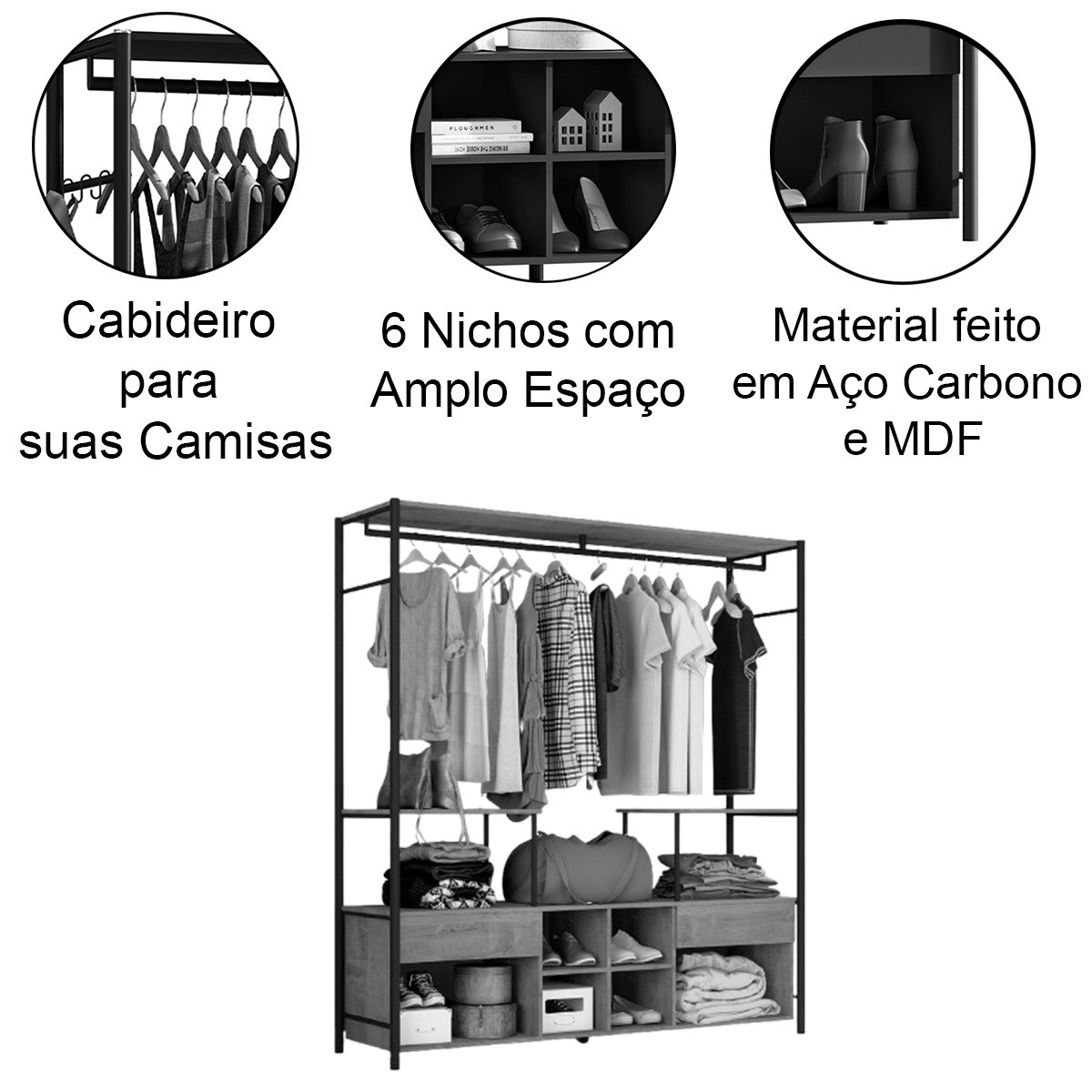 Guarda-Roupa Casal Gavetas Prateleiras Nichos Cabideiro Aço e MDF BP Bianca Preto