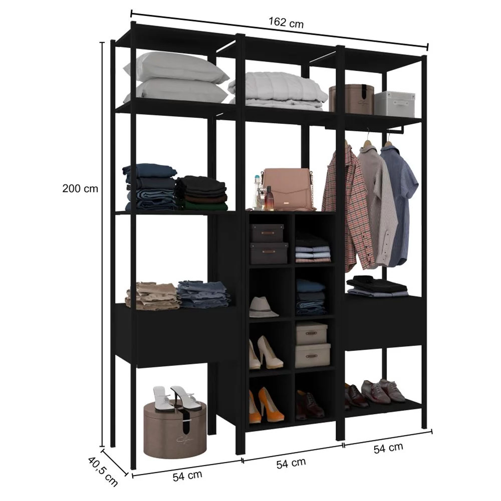 Guarda Roupa Closet Modulado 3 Peças Estilo Industrial Oxford Preto - Artefamol