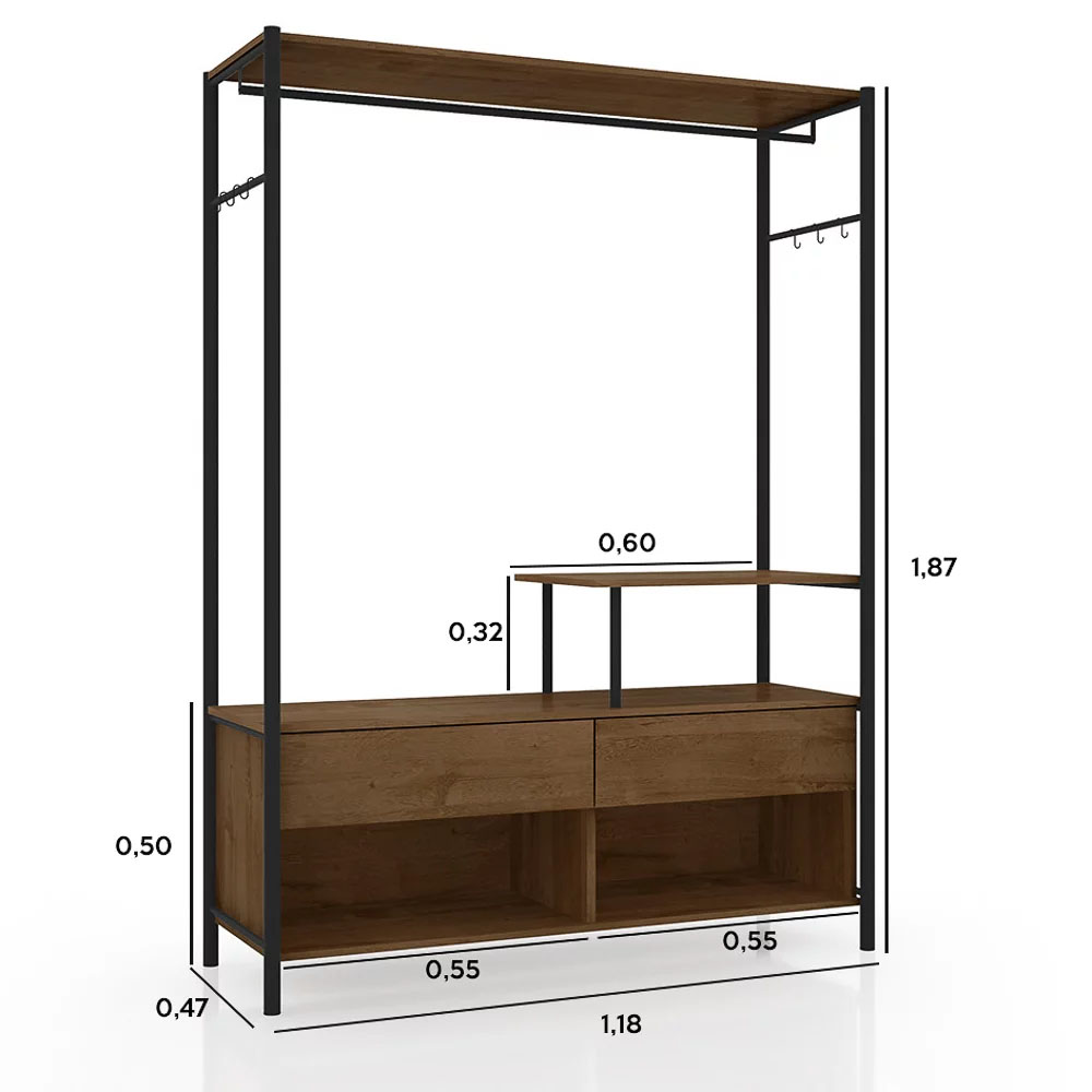 Guarda Roupa Solteiro Closet Barcelona 118 cm 2 Gavetas Preto/Demolição - Artefamol