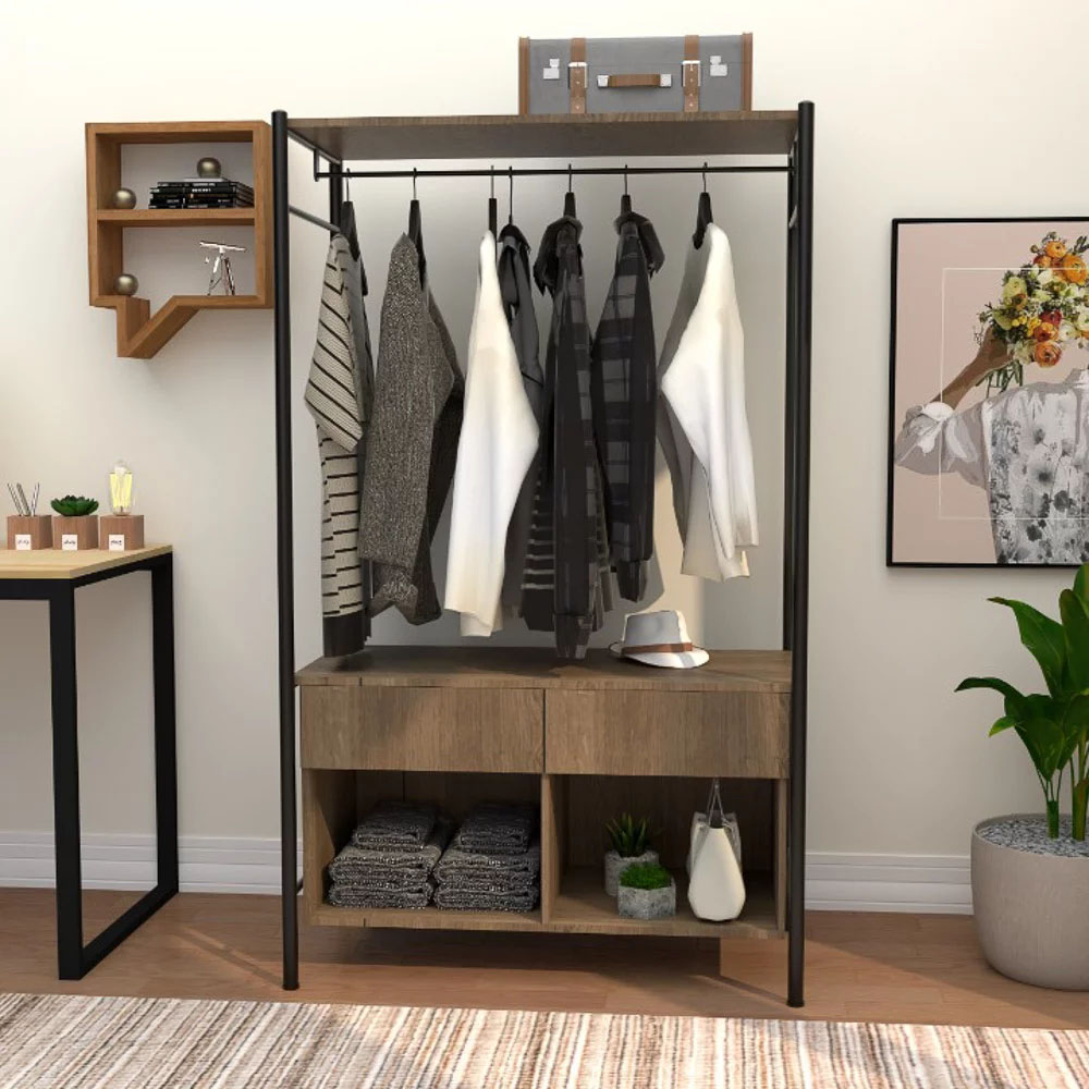 Guarda Roupa Solteiro Closet Industrial 90cm 2 Gavetas Paris Light Demolição/Preto - Artefamol