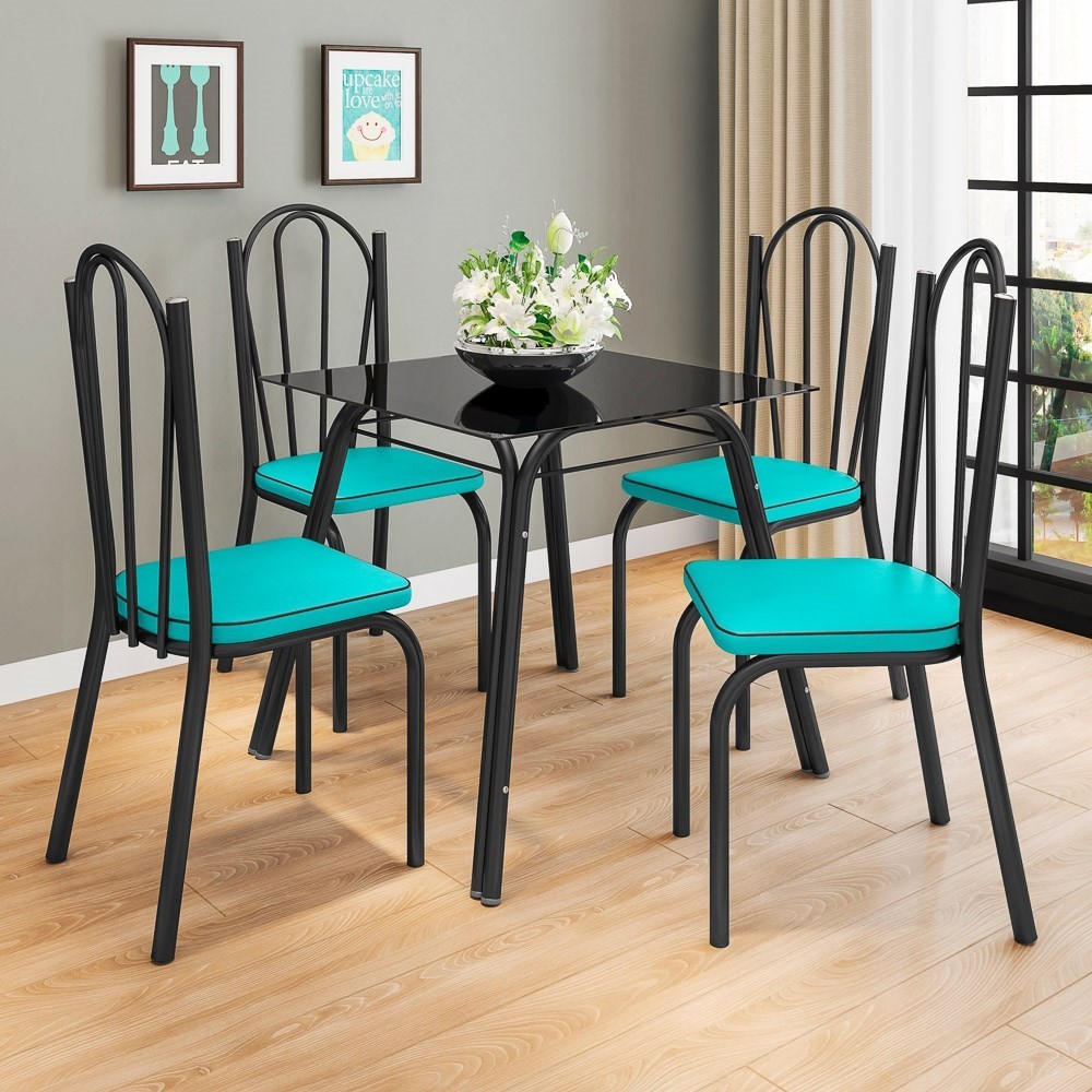 Jogo de Mesa Lótus Tampo de Vidro e 4 Cadeiras 121 Preto/Azul Turquesa - Artefamol