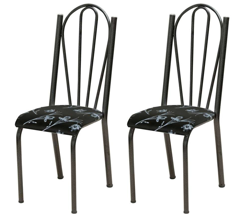Kit 02 Cadeiras Tubular Cromo Preto 021 Assento Preto Florido
