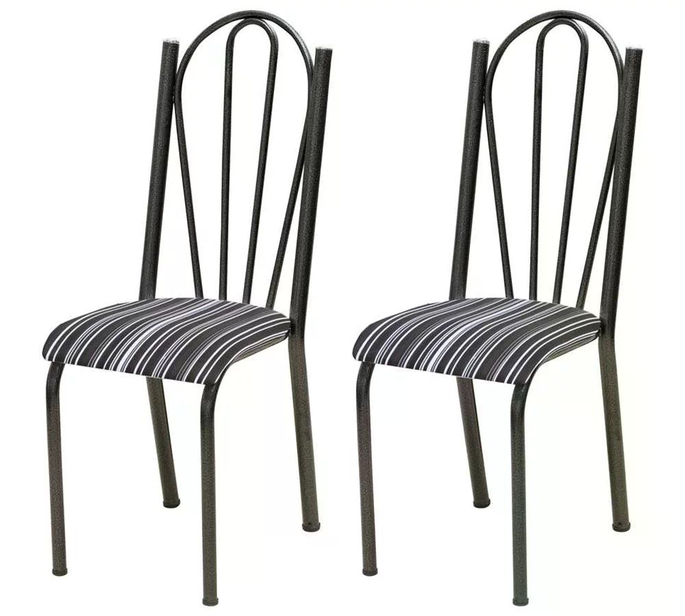 Kit 02 Cadeiras Tubular Cromo Preto 021 Assento Preto Listrado