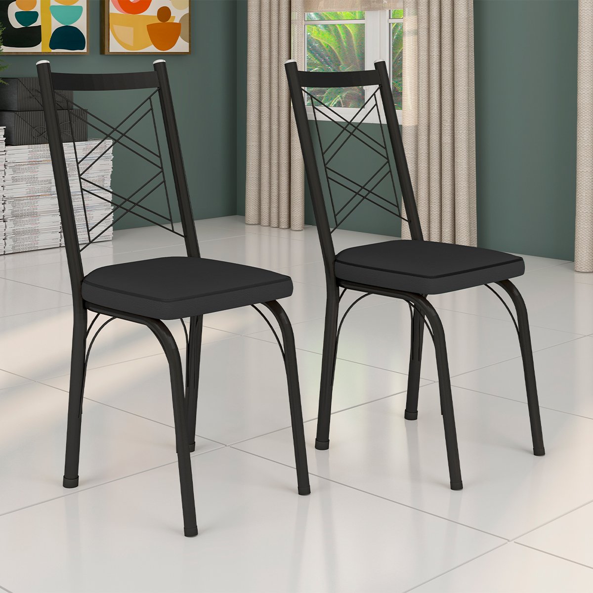 Kit 2 Cadeiras Aço Carbono Tubular Metálica Acabamento Fosco D-28 Julia Preto