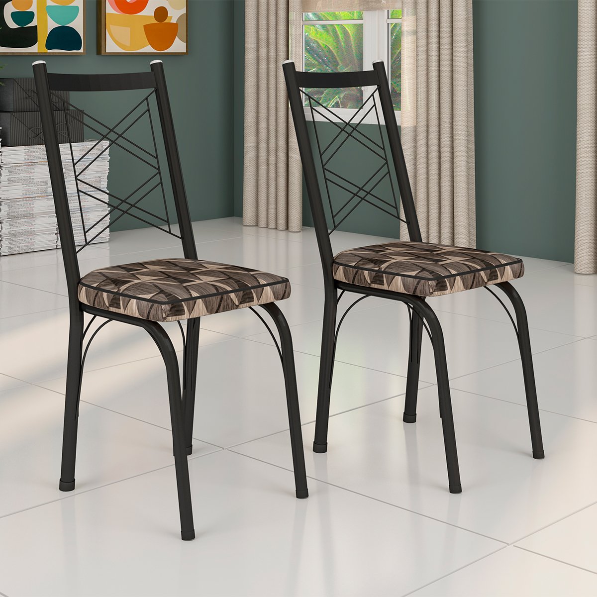 Kit 2 Cadeiras Aço Carbono Tubular Metálica Acabamento Fosco D-28 Julia Preto/Mosaico Palha