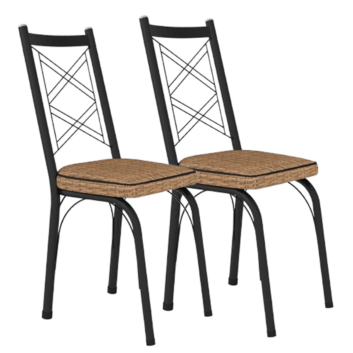 Kit 2 Cadeiras Aço Carbono Tubular Metálica Acabamento Fosco D-28 Julia Preto/Rattan