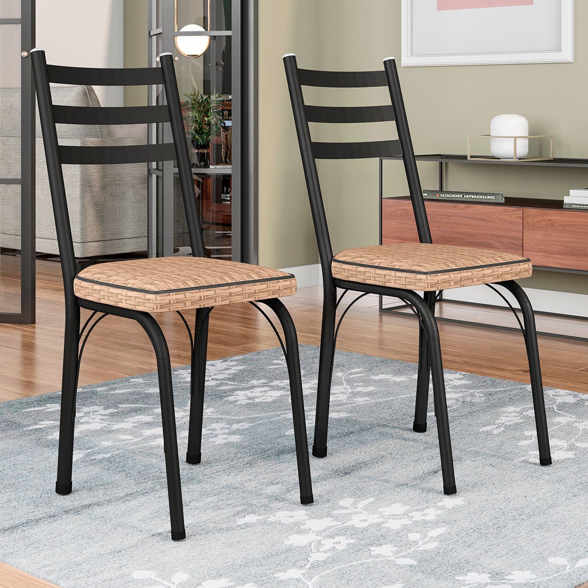 Kit 2 Cadeiras para Cozinha Tubular D-13 Nara de Aço Preto/Rattan