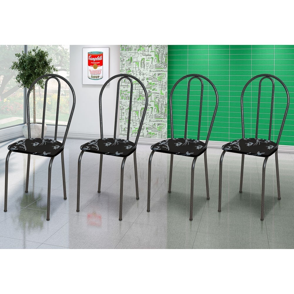 Kit 4 Cadeiras 004 Cromo Preto/Florido - Artefamol