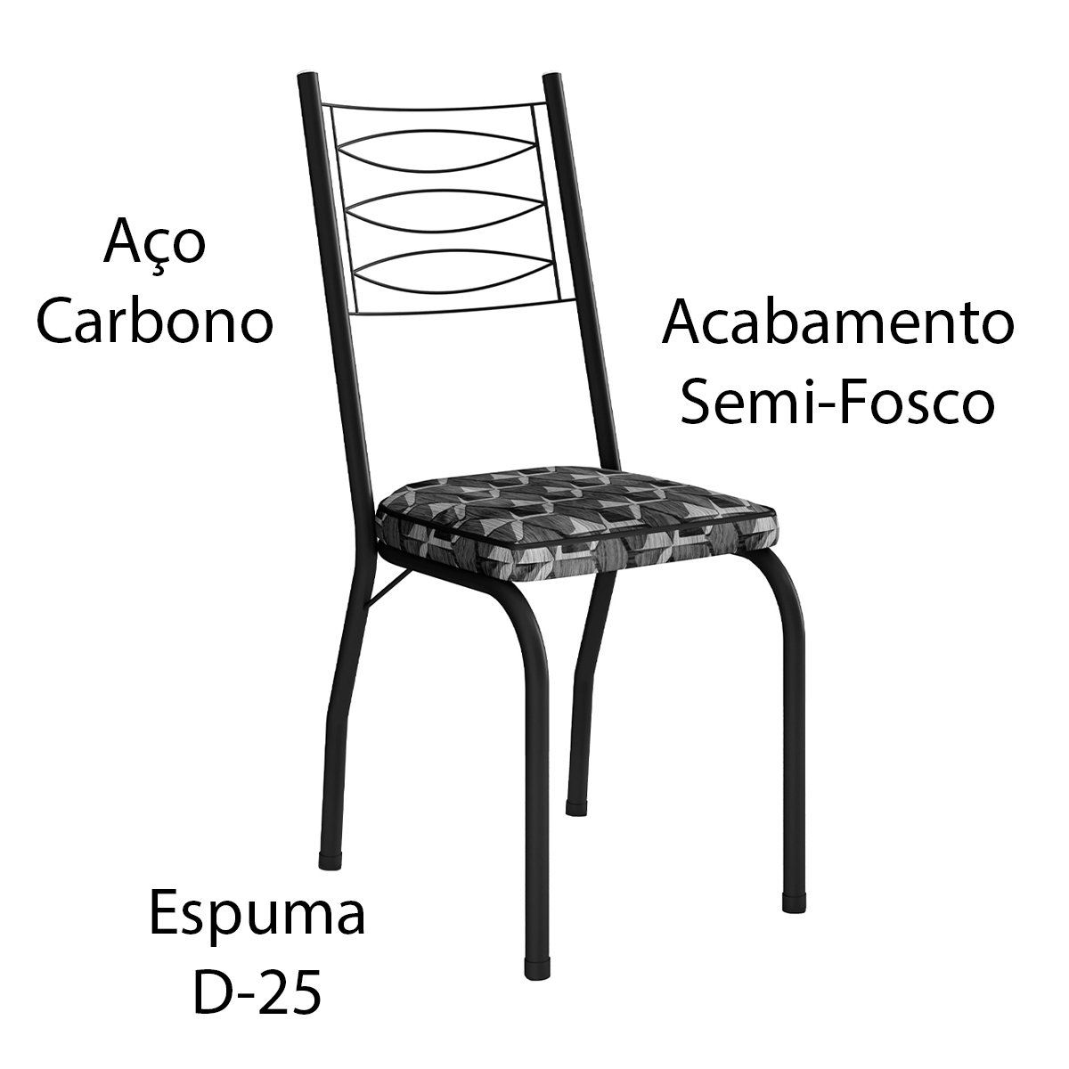Kit 4 Cadeiras Aço Carbono Tubular Metálica Acabamento D-25 Luana Preto/Mosaico Palha