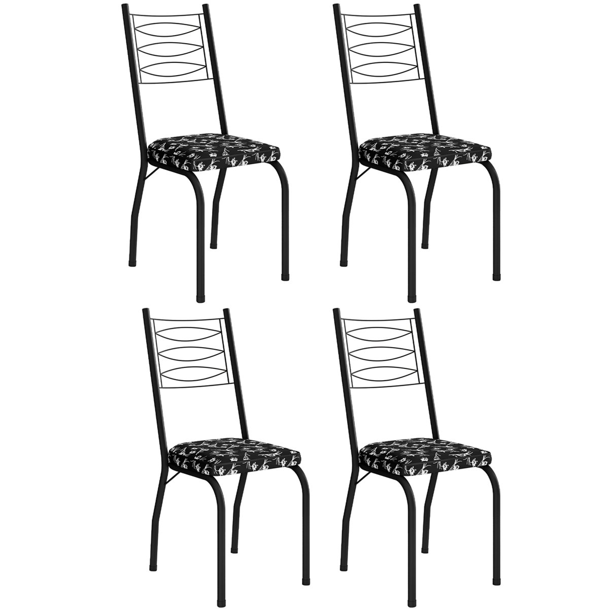 Kit 4 Cadeiras Aço Carbono Tubular Metálica Acabamento D-25 Luana Preto/Preto Flor