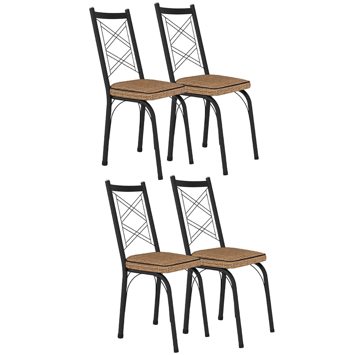 Kit 4 Cadeiras Aço Carbono Tubular Metálica Acabamento Fosco D-28 Julia Preto/Rattan