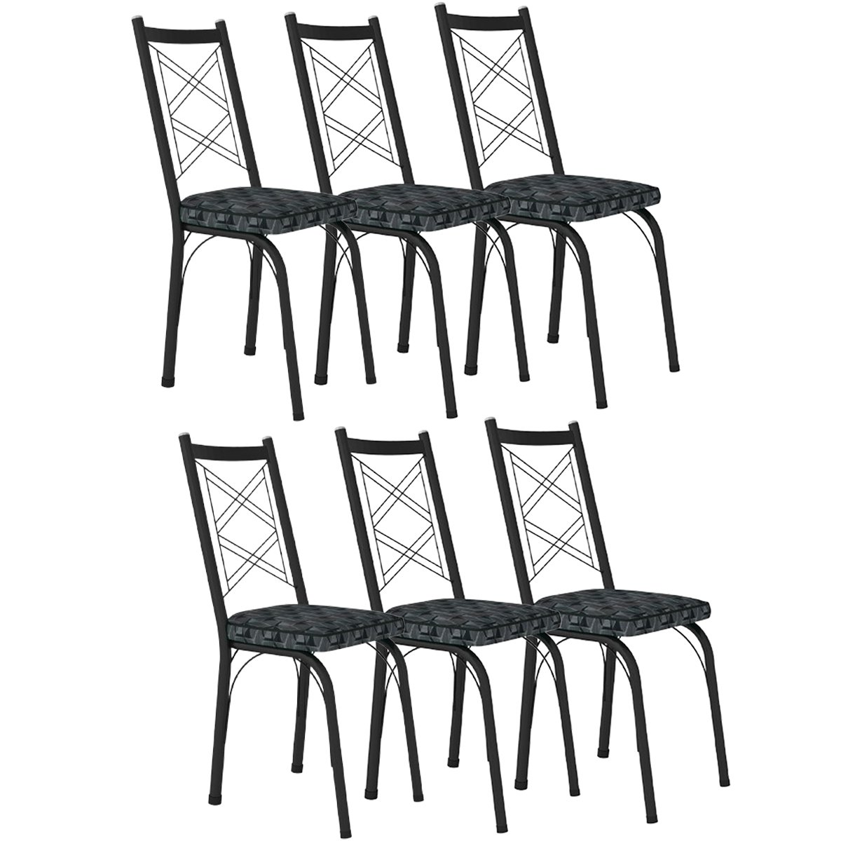 Kit 6 Cadeiras Aço Carbono Tubular Metálica Acabamento Fosco D-28 Julia Preto/Mosaico Silver