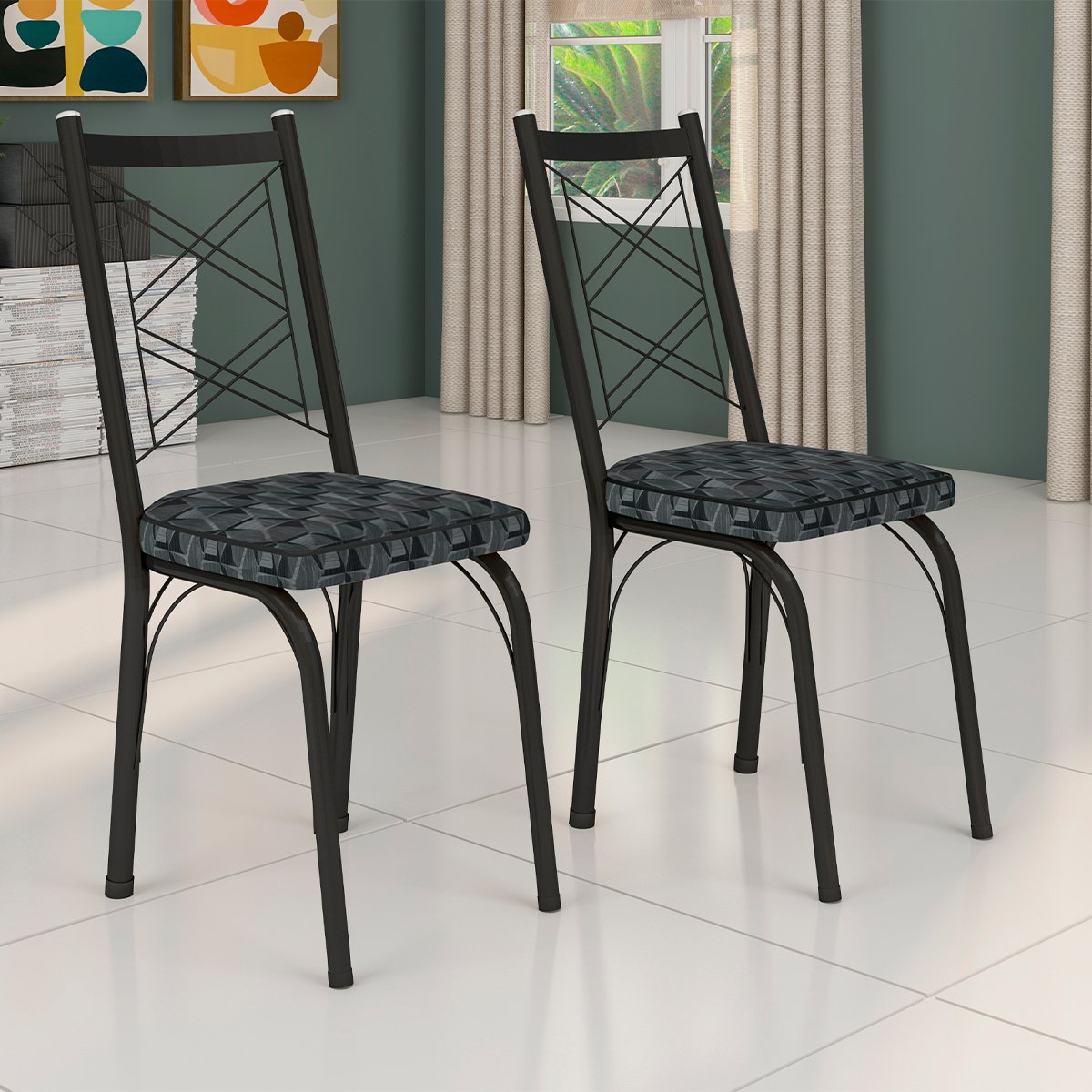 Kit 6 Cadeiras Aço Carbono Tubular Metálica Acabamento Fosco D-28 Julia Preto/Mosaico Silver