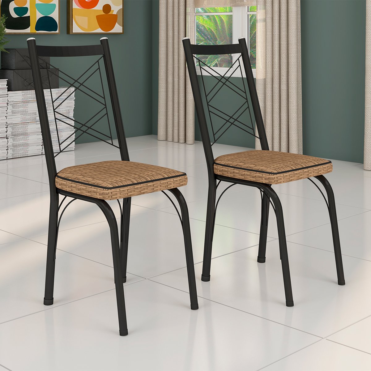 Kit 6 Cadeiras Aço Carbono Tubular Metálica Acabamento Fosco D-28 Julia Preto/Rattan
