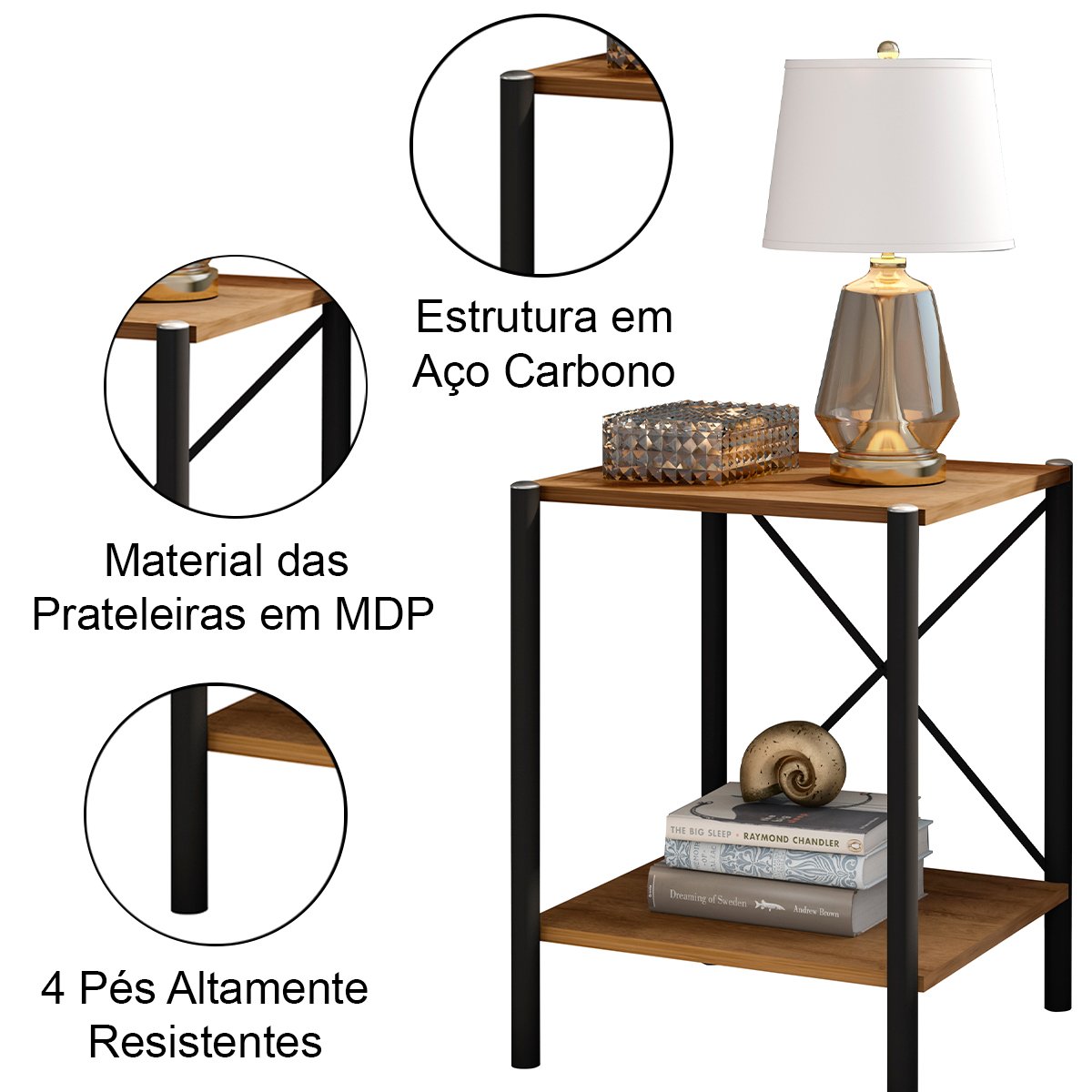 Mesa de Cabeceira 2 Prateleiras Estrutura Aço Carbono MDP Melissa Preto / Demolição