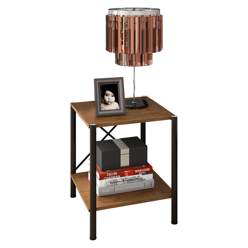 Mesa de Cabeceira 2 Prateleiras Pés Metálicos Madri Light  Demolição/Preto - Artefamol