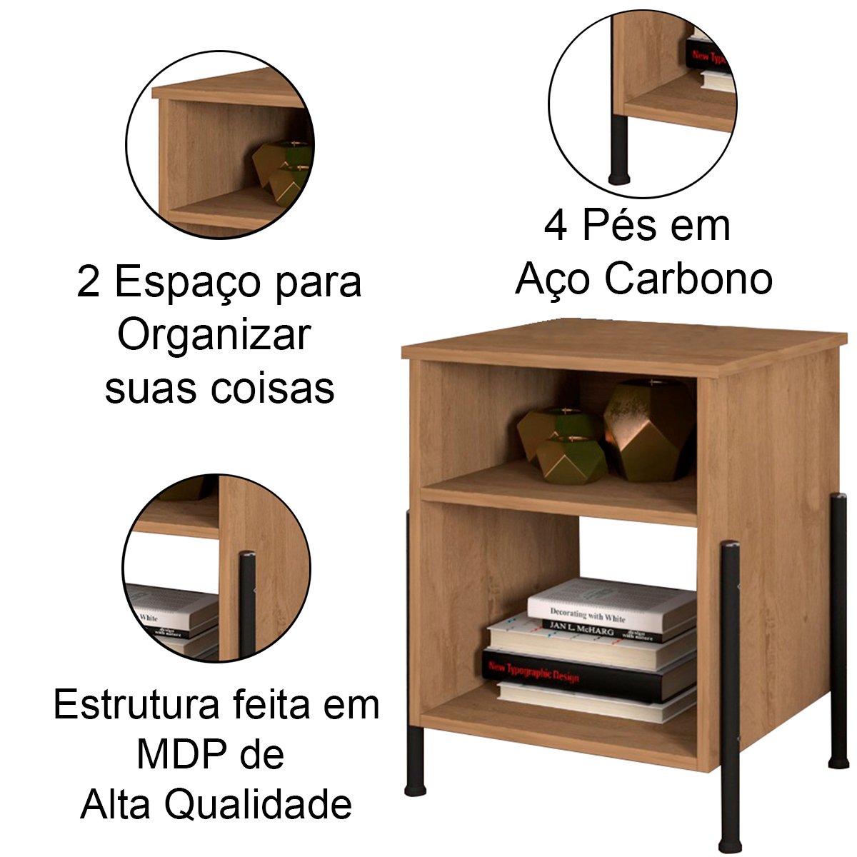 Mesa de Cabeceira Prateleiras Nichos MDP Pés Aço Valentina New Preto / Demolição