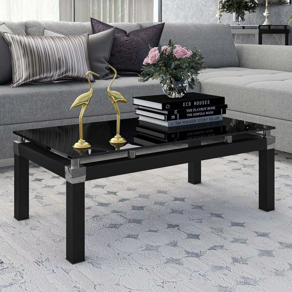 Mesa de Centro para Sala de Estar Tampo de Vidro Malva Preto - Artefamol