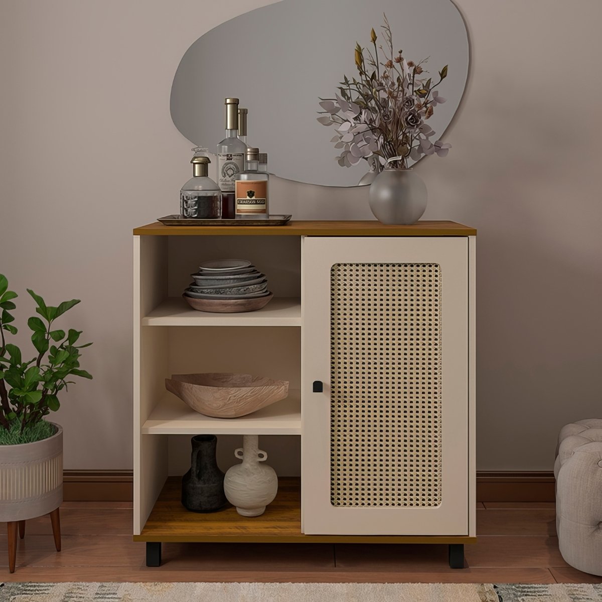 Aparador Buffet Charlotte 1 Porta Pinho / Off White / Palha