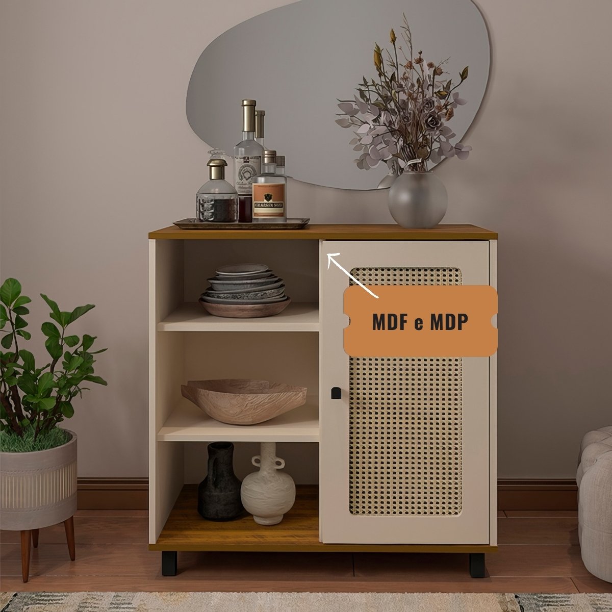 Aparador Buffet Charlotte 1 Porta Pinho / Off White / Palha