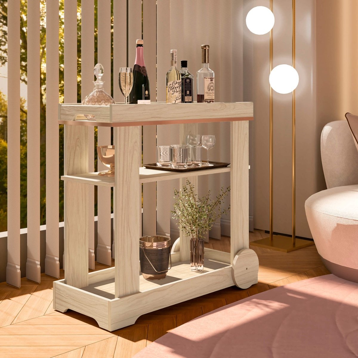 Carrinho Bar Aparador Com Rodas Rosé Naturale