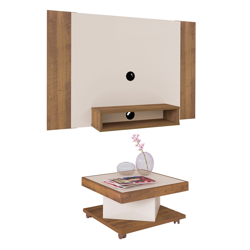 Conjunto com Painel para TV até 40 Polegadas Cine e Mesa de Centro Saara Pinho e Off White