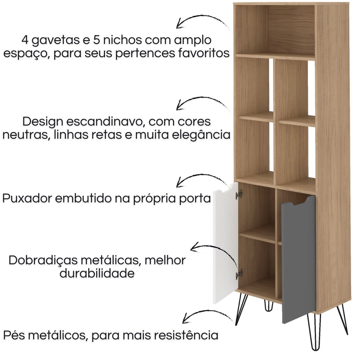 Estante Estocolmo 5 Nichos 2 Portas Carvalho/Branco/Grafito