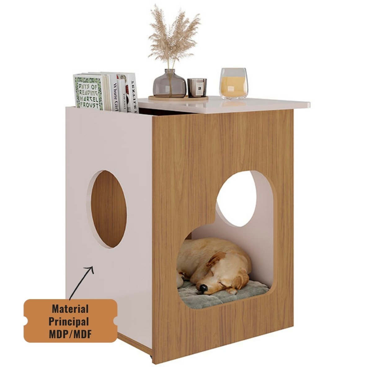 Mesa De Apoio Lateral Tampo Com Nicho E Espaço Pet Artely - Carvalho - Off White