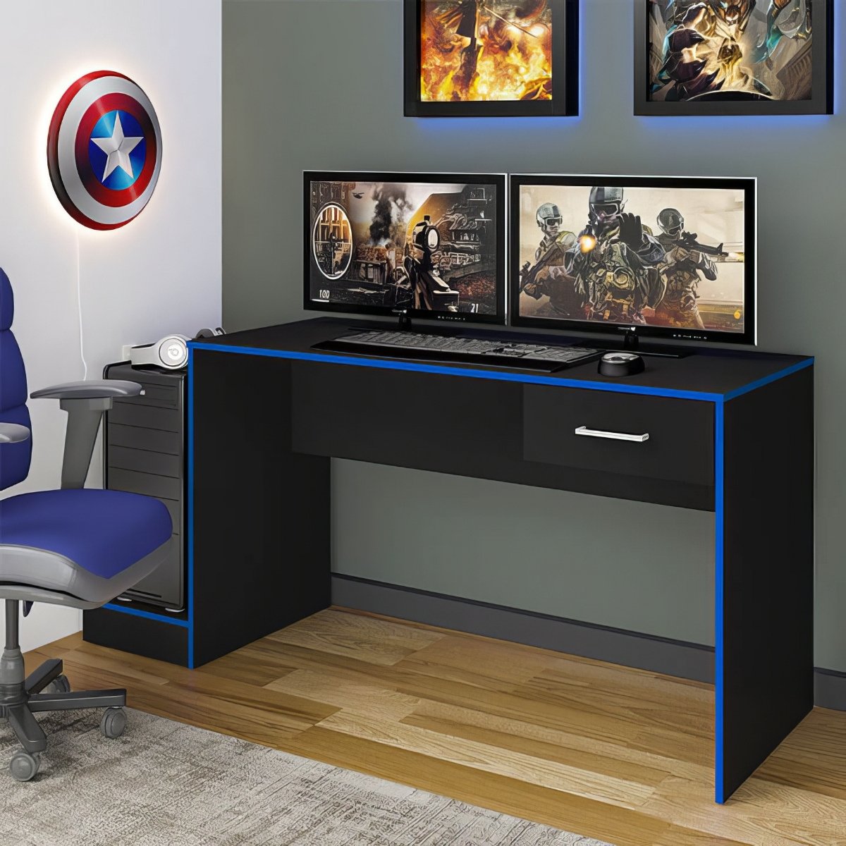 Mesa Escrivaninha Gamer Para 2 Monitores Preto Acetinado/Azul