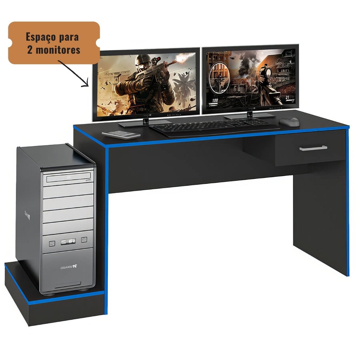 Mesa Escrivaninha Gamer Para 2 Monitores Preto Acetinado/Azul