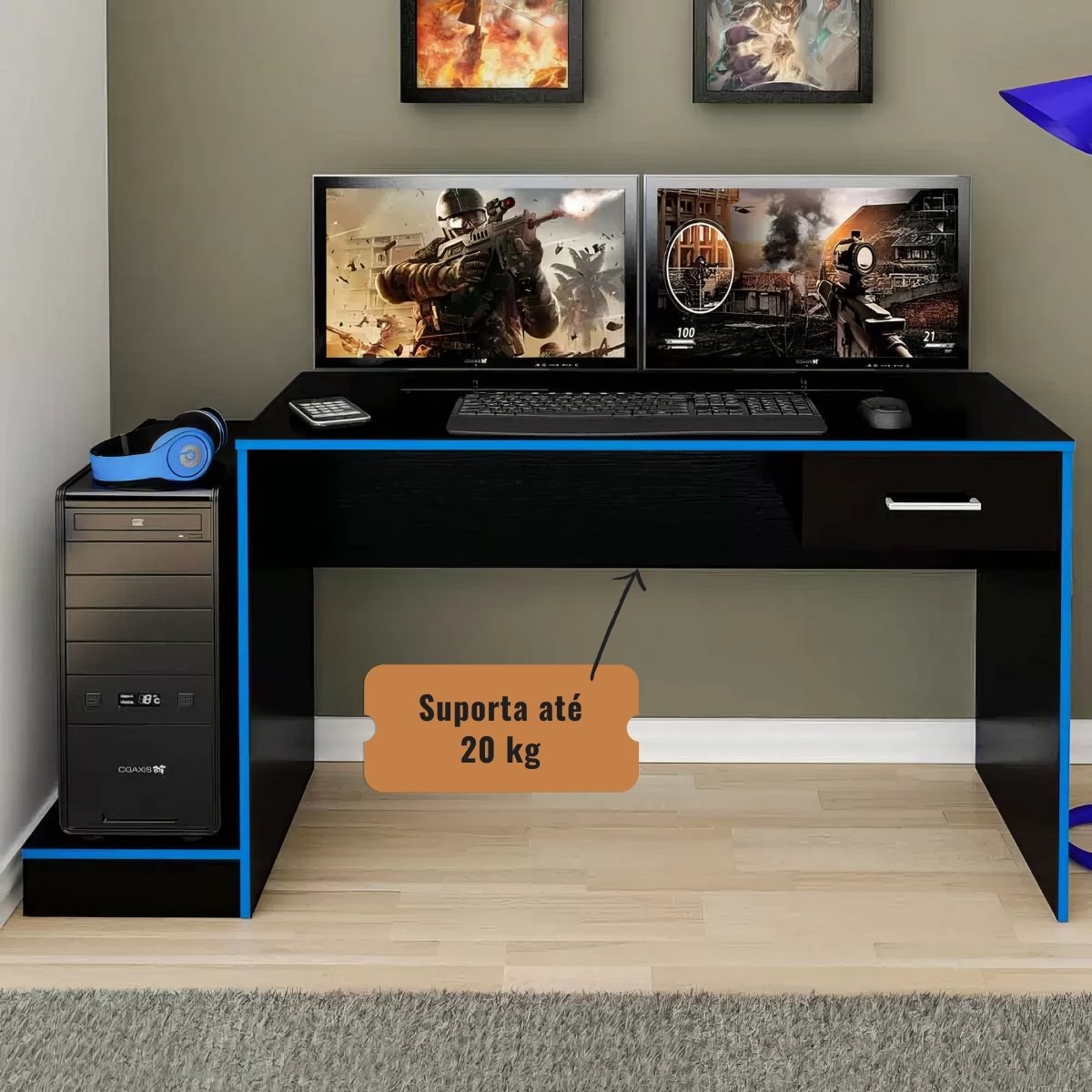 Mesa Escrivaninha Gamer Para 2 Monitores Preto Acetinado/Azul