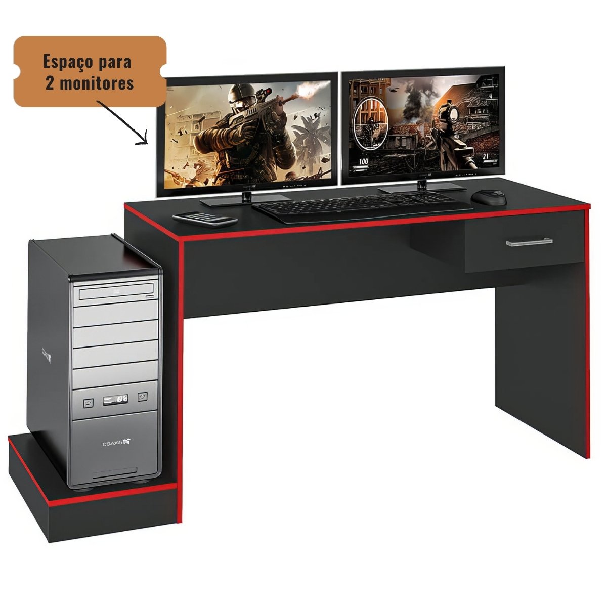 Mesa Escrivaninha Gamer Para 2 Monitores Preto Acetinado/Vermelho