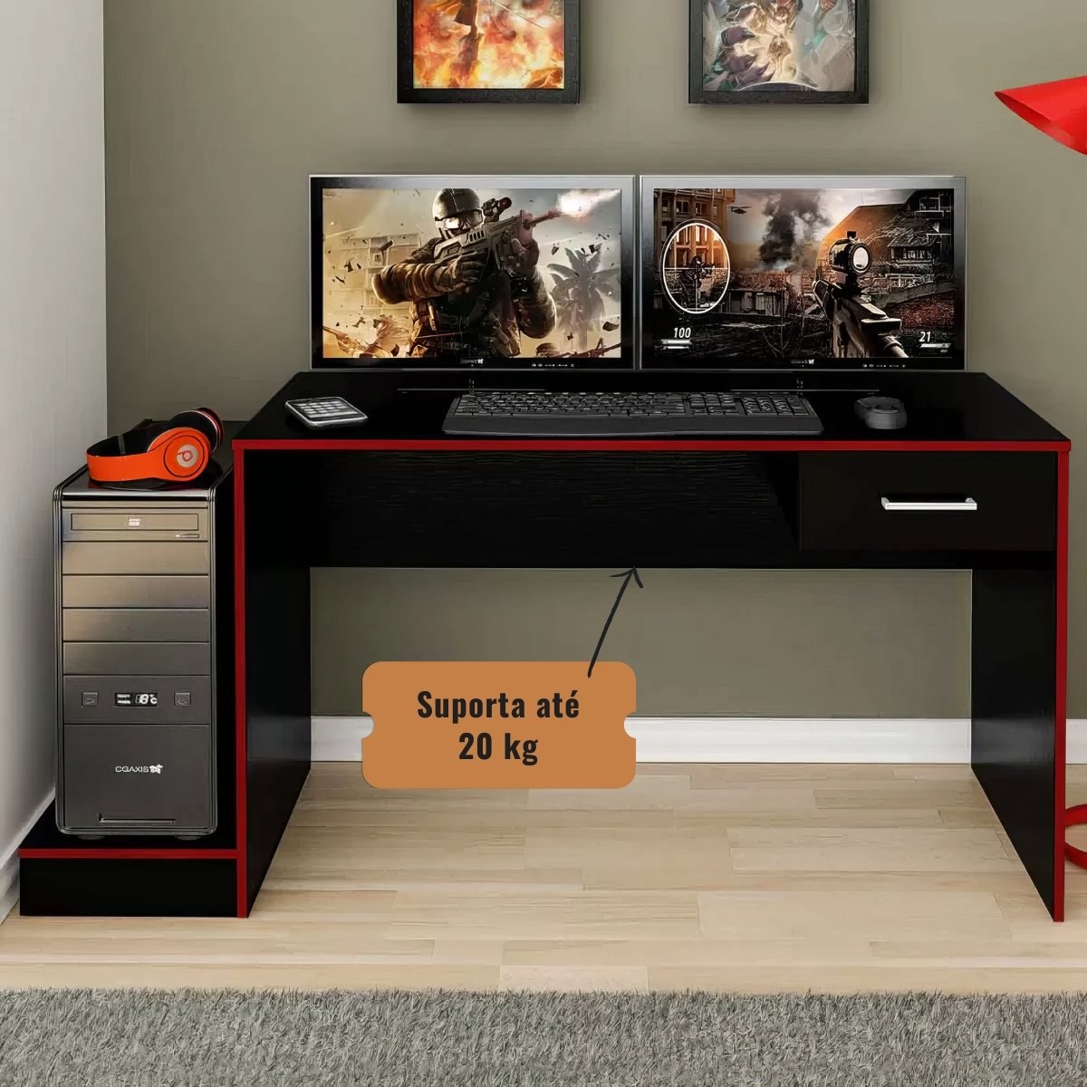 Mesa Escrivaninha Gamer Para 2 Monitores Preto Acetinado/Vermelho