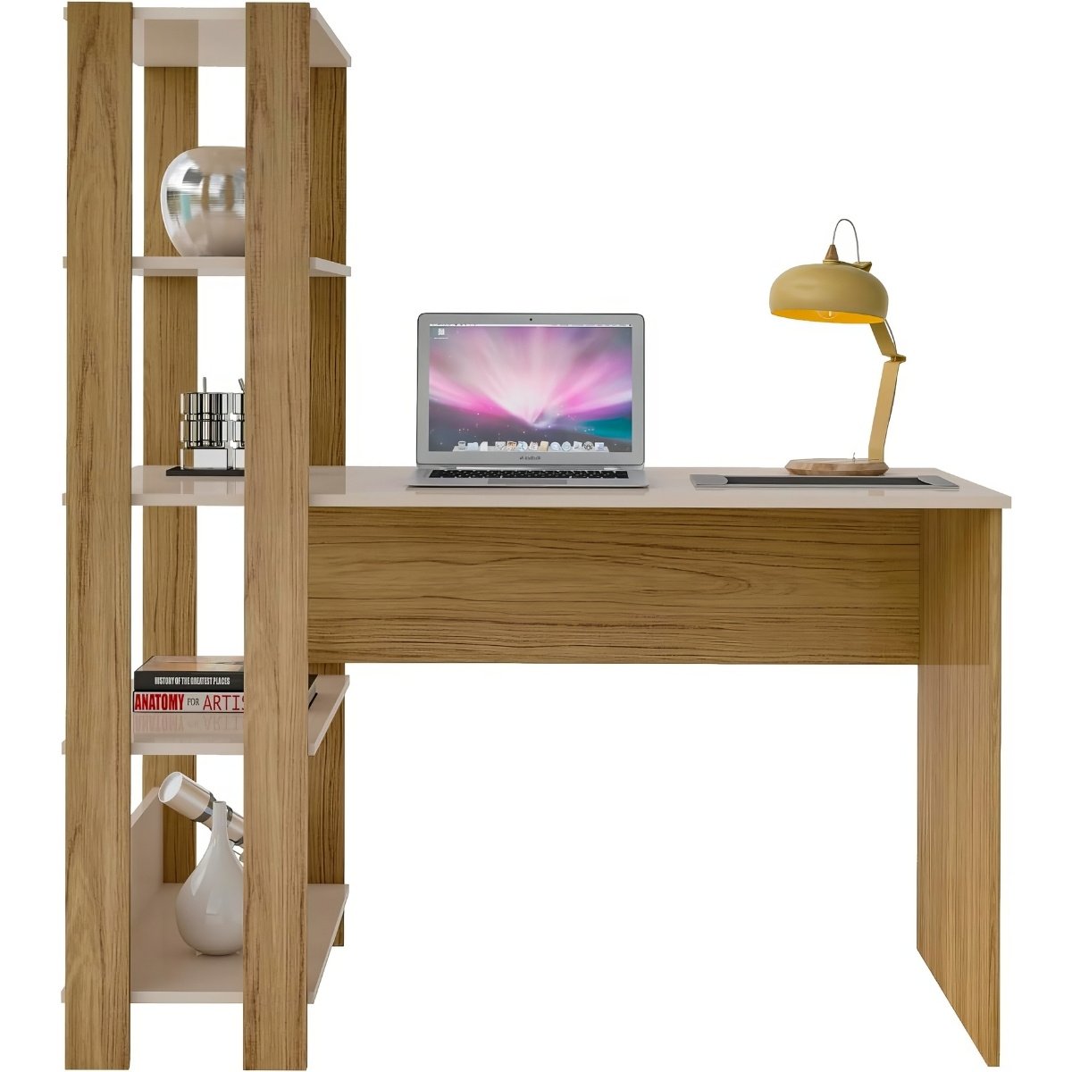 Mesa Escrivaninha Office Com Estante 3 Prateleiras Match Carvalho - Off White