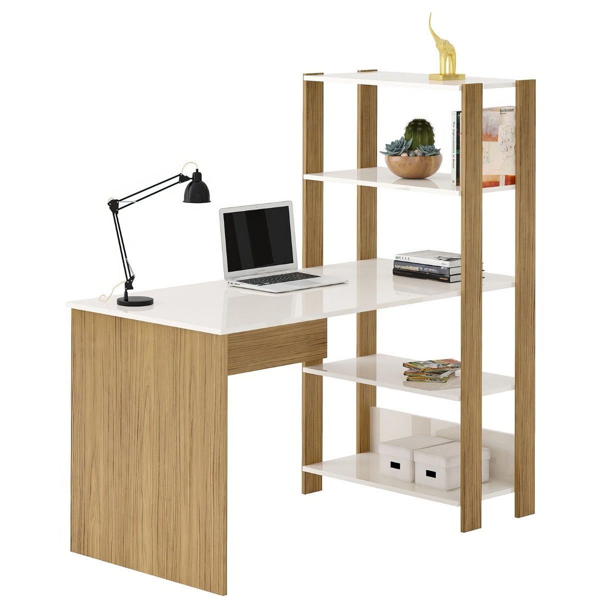 Mesa Escrivaninha Office Com Estante 3 Prateleiras Match Carvalho - Off White