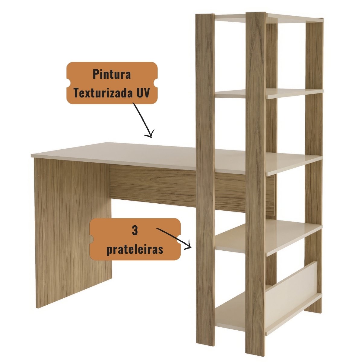 Mesa Escrivaninha Office Com Estante 3 Prateleiras Match Carvalho - Off White