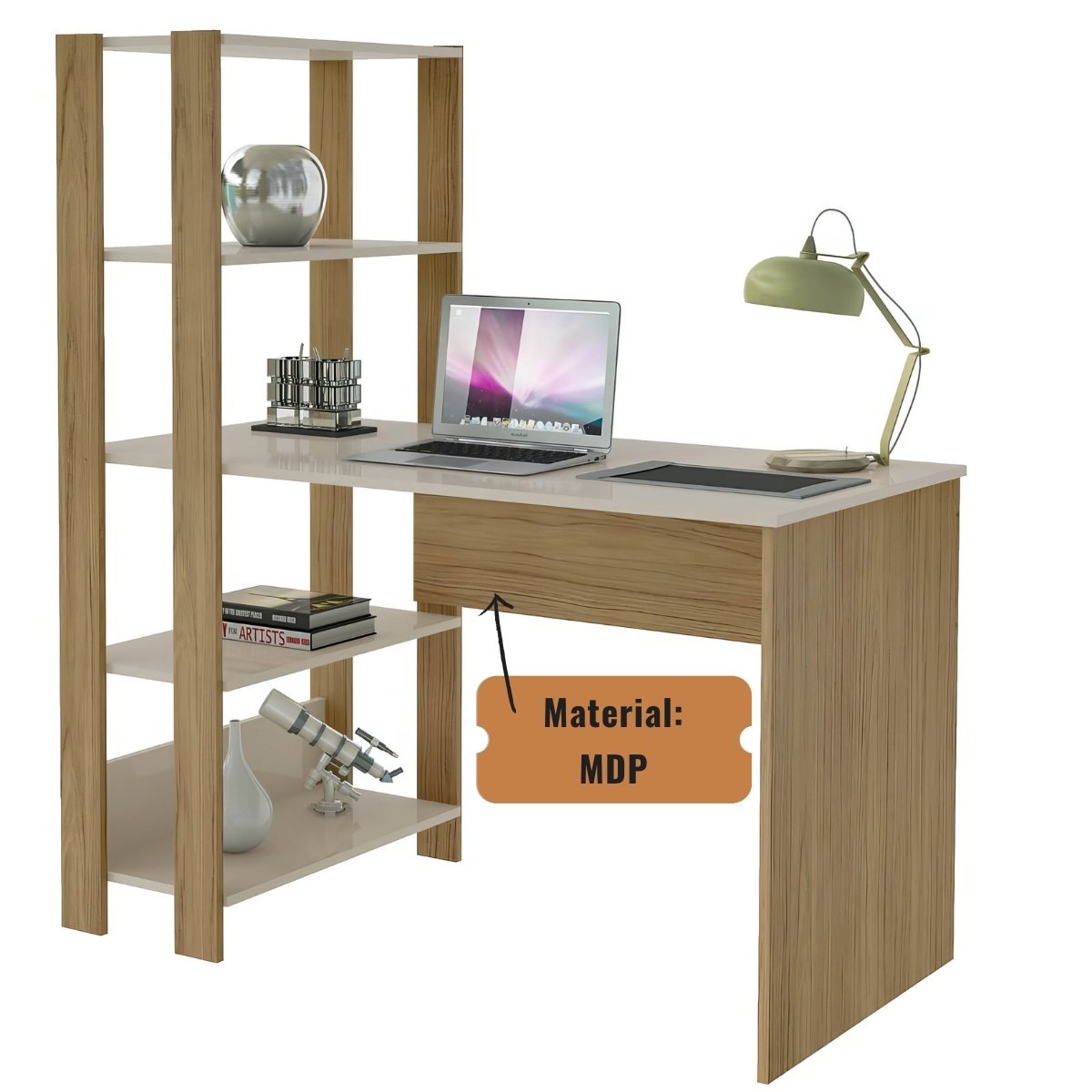 Mesa Escrivaninha Office Com Estante 3 Prateleiras Match Carvalho - Off White