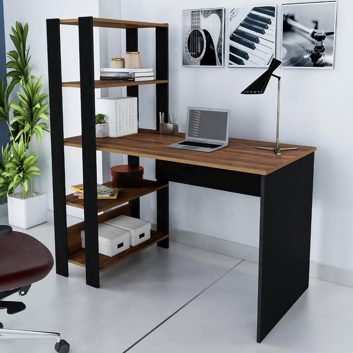 Mesa Escrivaninha Office Com Estante 3 Prateleiras Match Pinho / Preto
