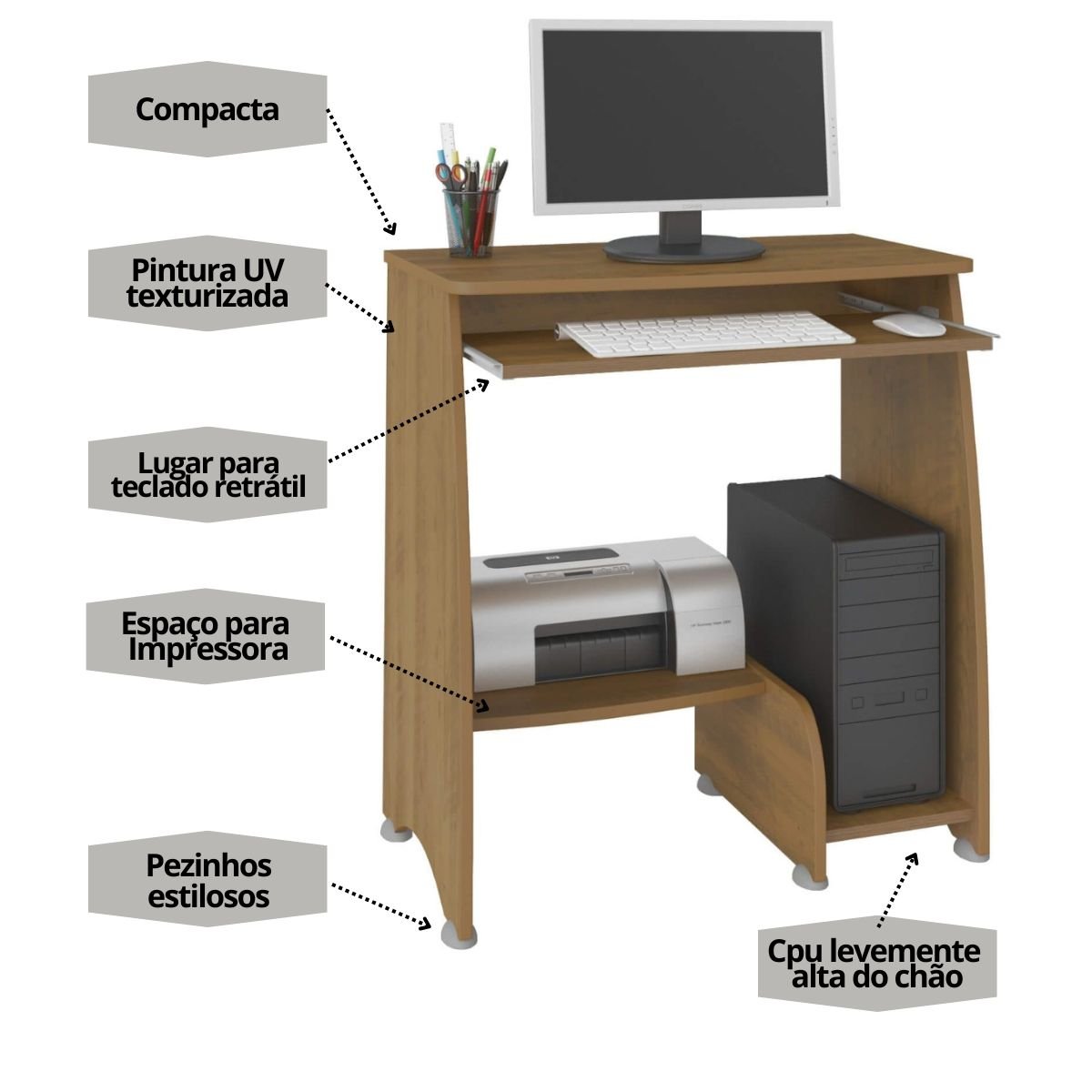Mesa Escrivaninha para Computador com Prateleira Retrátil Pixel Pinho