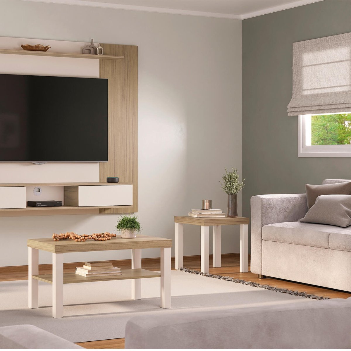 Mesa Quadrada de Apoio Lateral e de Cabeceira Up - Carvalho - Off White