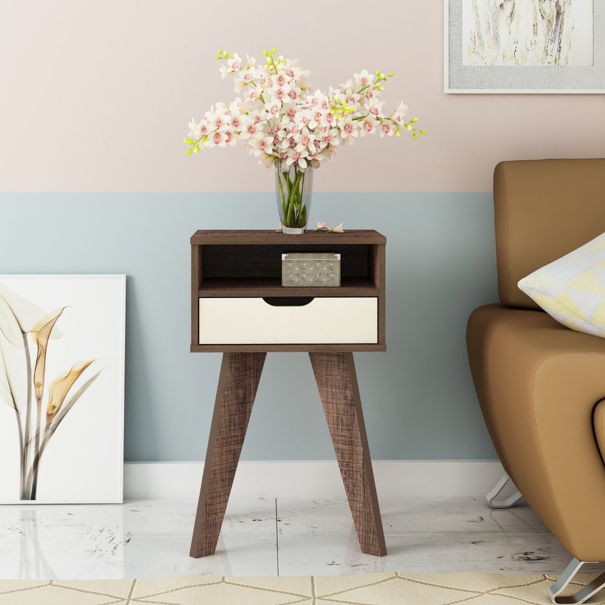 Mesa de Apoio Lateral Vip Com Gaveta e Nicho Canela / Off White