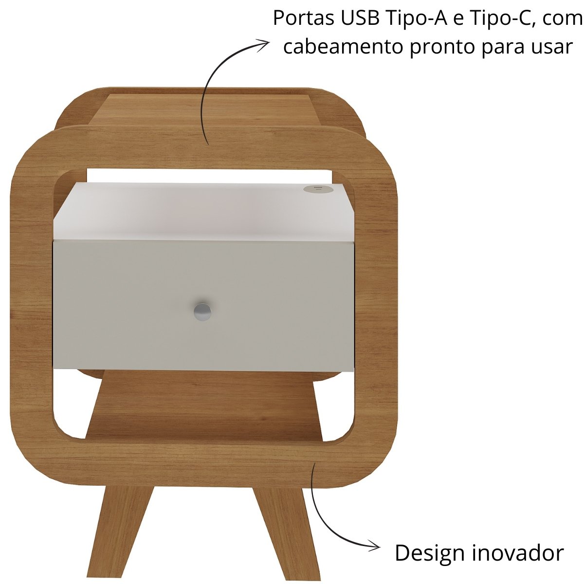 Mesa de Apoio Lateral com USB Artely Theo Cinamomo/Off White